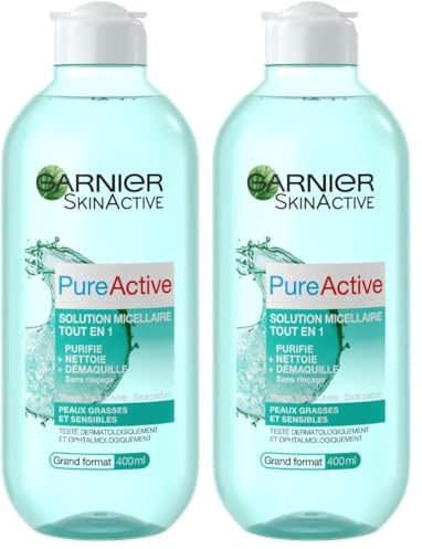 GARNIER Pure Active - Solution Micellaire Tout-En-1 - Purifie, Nettoie & Démaquille - Formule Enrichie En Micelles - Visage, Yeux, Lèvres - Peaux Mixtes à Grasses & Sensibles - 400 ml (Lot de 2)