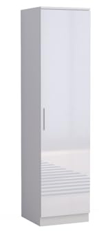 URBAN FURNISHING High Gloss Single Wardrobe with Shelves – Single Door Tall Wardrobes for Bedroom | Sleek Bedroom Wardrobes for Clothes, Shoes & Toy Storage (White)