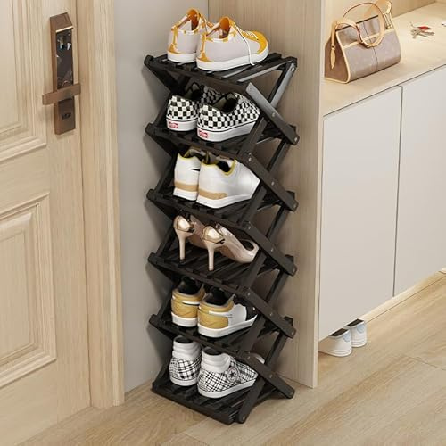 GIRYES Kleines Schuhregal Schwarz, 6 Ebenen Bambus Klappbares Schuhorganizer Freistehendes Regal für Eingangsbereich, Schlafzimmer, Kleiderschrank, Wohnzimmer Ecke | Keine Installation erforderlich