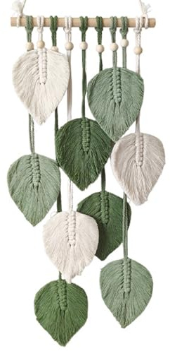 XIAOGUA Makramee Wandbehang Boho Wanddeko Wandteppich Wanddeko Baumwollseil Tapisserie Blatt Feder Wandteppich Fransengirlande Grün und Weiß Apartment Raumdekoration Haus Dekoration Chic Home Decor