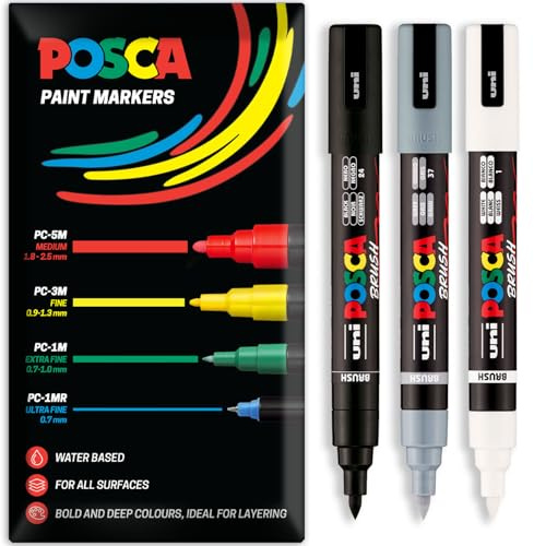 Posca Water Based Acrylic Paint Marker Pens | Multi Surface Use Permanent Paint Pen | Pack of 3 Pens in Envelope Gift Packaging | Glass, Fabric, Wood etc | Brush Nib PC-5BR, Black, Grey, White