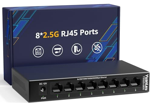 YuanLey 8 Port 2.5G Ethernet Switch, Multi-Gig 2.5Gbps Network Switch Unmanaged with 8 x 2.5GbE RJ45 Ports, Plug & Play, Desktop/Wall Mount, Fanless Metal LAN Switch for NAS, WiFi 6 AP