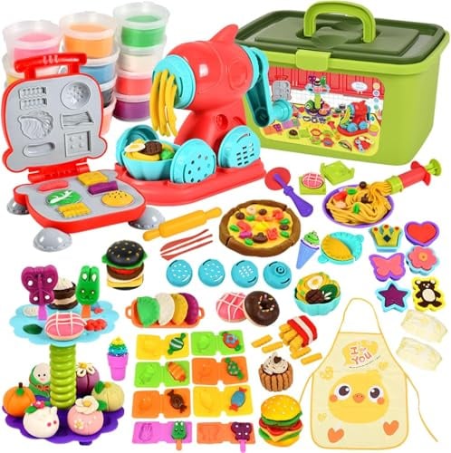 TEGOVE 65 Stück Knete Dough Set für Kinder, Nudelmaschine Spielset & Knetwerkzeug, Modellier-Set mit Zubehör, inkl. 12 Dosen Knete – Spielzeug Geschenk für Mädchen & Jungen im Alter von 2-12 Jahren