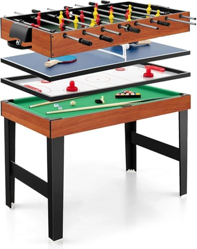 COSTWAY Futbolin, Billar, Air Hockey, Mesa de Tenis, 4 en 1 Mesa de Multijuegos con Patas y Accesorios, Futbolines para Niños y Adultos para Sala de Juegos, Bares, 125 x 97 x 83 cm (Natural)