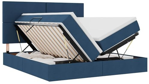 XHNIFBN Kunstleder-Bett 180x200 Blau mit Lattenrost, Lift, Matratze, Stauraum