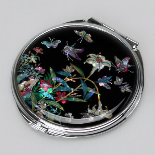 Miroir rond de poche de maquillage double cosmétique compact noir de conception de fleur de lys de nacre