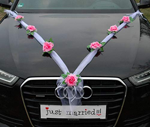 Organza M Auto Schmuck Braut Paar Rose Deko Dekoration Organza M Hochzeit Car Auto Wedding Deko (Rosa/Weiß)