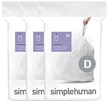 simplehuman CW0254 code D Custom Fit Bin Liner Bulk Pack, White Plastic (3 Pack of 20, Total 60 Liners)
