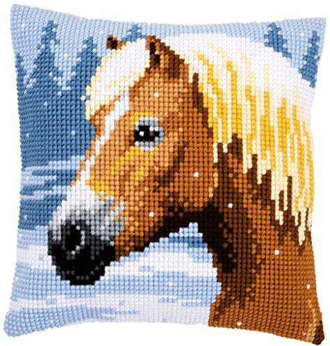 Vervaco Kreuzstich Stickpackungen Kissen Stickerei Set Anfänger Vorgedruckt Pferd DIY Set Kreativ Set Für Erwachsene Dekoratives Kissen ca. 40 x 40 cm Bastelset Handwerker Haus Dekoration