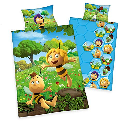 Arle-Living 3 TLG. Baby Bettwäsche Set mit Wende Motiv: Biene Maja - Die Honigspiele - Renforcé 100x135 cm + 40x60 cm + 1 Spannbettlaken 70x140 cm (Honigspiele)