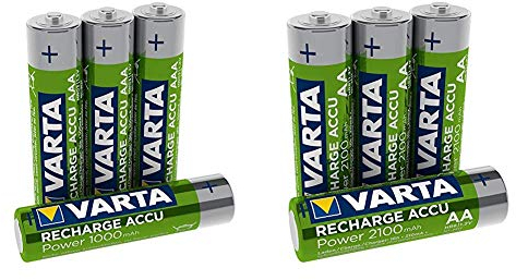 Varta Rechargeable Accu Ready2Use vorgeladener AAA Micro Ni-Mh Akku 4er Pack 1000 mAh + Rechargeable Accu Ready2Use vorgeladener AA Mignon Ni-Mh Akku 4er Pack 2100 mAh