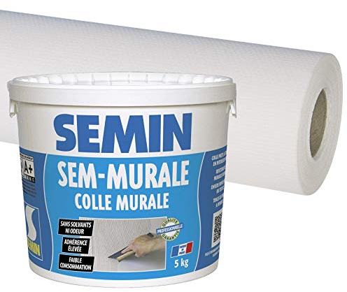 Semin A01541 Colle en Pâte pour Toiles de Verre Prête à l'Emploi, Seau de 10 kg et A01266 Sem Toile Eco T 023, Toile de Verre pour Murs et Plafonds, Motif Maille, Intérieur, 25 m x 1 m