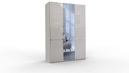 WIEMANN Montreal Kleiderschrank, Schlafzimmerschrank, Drehtürenschrank mit Spiegel, Breite 150 cm, 3 türig, Grau, Glas Kieselgrau, Griffe Chrom, B/H/T 150x236x58 cm