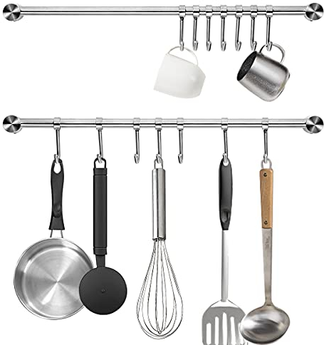 Audmore Küchenutensilien-Rack, 2 Stück, 39.6 cm Töpfe und Pfannen, Hängeregal zur Wandmontage, 304 Edelstahl-Deckel, Kochutensilienaufhänger, 7 Schiebehaken für Spatel, Messbecher, Kaffeebecher