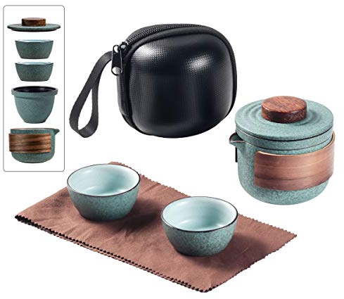 Mini tetera de cerámica de viaje, tetera china de Kung Fu, 1 olla, 2 tazas, tazas de té de porcelana con infusor de té, bolsa portátil para picnic al aire libre (verde)