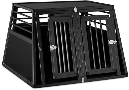 Relaxdays 68 X 5 92 cm Schwarz Hundebox Auto, doppelte Hundetransportbox Kofferraum, abgeschrägt, Trennwand, HBT 68 x 97,5 x 92,5 cm, Aluminium