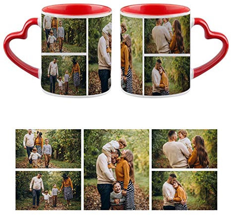 Personalised with Five Photos/Multi Photo Printed Collage Mug, Novelty, Red Colour Heart Handle Ceramic Mug, Memorable Gift Ideas for Family, Friends, Birthday, Any Special Occasion. (5 Photos)