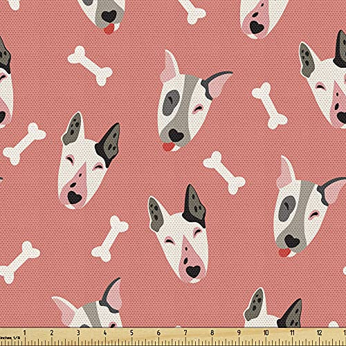 ABAKUHAUS Hunde Gewebe als Meterware, Bull Terrier Faces and Bones, Schön Gewebten Stoff für Polster und Wohnaccessoires, 1M (148x100cm),Korallenrot Grau