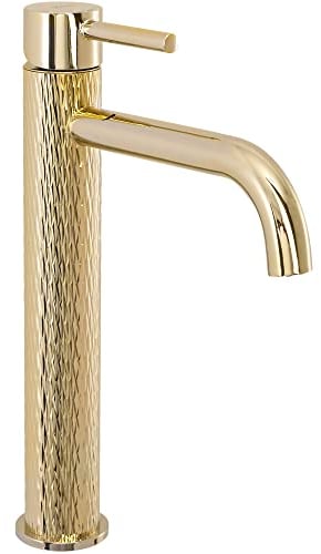 Rea Waschtischarmatur LUNGO ART GOLD HIGH Wasserhahn Bad Badarmatur aus Messing Armatur für Waschbecken Badezimmer Mischbatterie Waschbecken Einhebel (Gold)
