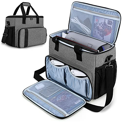 CURMIO Custodia compatibile con PS5, PS4, PS4 Pro, Xbox Series S, Xbox One e Xbox 360, borsa da viaggio per console di gioco, controller, dischi e accessori (solo borsa), Grigio