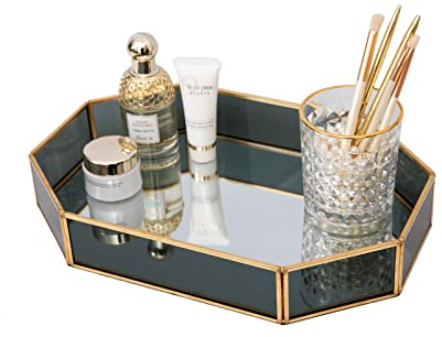 SLHEQING Spiegeltablett Gold Vintage Spiegel Tablett Make-up Schmuck Organizer, Verspiegelt Metall Deko Tablett (Black (31 x 22 x 5 cm))