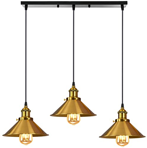 iDEGU 3-flammige Pendelleuchte Industrielle Hängelampe Stil Edison Vintage Pendellampe mit 22cm Metall Lampenschirm E27 Fassung Gold Hängeleuchte für Esszimmer Küche Wohnzimmer (Balken)