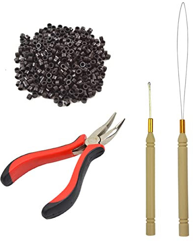 Microring Haarverlängerung Set mit 1 Stück I-Tip Hair Zangen 1 Stück Microring Nadel Einfädler 1 Ziehen Haken und 500 Stück Microringe für Haarverlängerung Zubehör (Dunkelbraun)