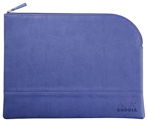 RHODIA 116738C - Faux Leather Zipped Pouch - Sapphire - Size L (21 x 28 cm) - Genuine Stitching - Orange Fabric Inside - Storage for Documents, Small Supplies