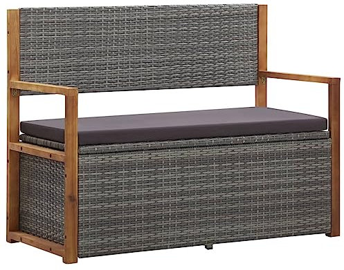 ZEYUAN Bank mit Stauraum, Gartenbank, Bank Garten, Sitzbank Garten, Gartenmöbel, Parkbank, Sitzbank Outdoor Wetterfest, Außenbank, 110 cm Poly Rattan Massivholz Akazie Grau