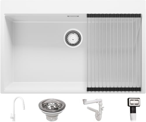 PRIMAGRAN Lavandino da Cucina Bianco 78x50cm, Lavello da Cucina a 1 vasca + Sifone Classico + Rubinetto 40x22cm + Accessorio, Lavabo da Cucina Incasso al mobile 80cm - Oslo