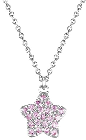 GLANZSTÜCKE MÜNCHEN Kinder Kette aus 925/- Sterling Silber mit Zirkonia | rhodiniert, Ankerkette, Zirkonia, rosa, Stern, Karabinerverschluss