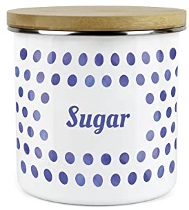 Purely Home Indigo Polka Dots Spots Sugar Canister - White Metal Enamel Kitchen Food Storage Container