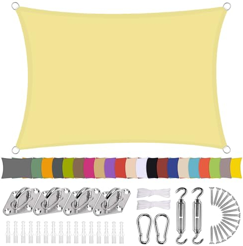 Sonnensegel Rechteck 3 x 6m Wasserdicht Sonnenschutz Balkon Terrasse mit Montagezubehör PES Polyester 98% UV-Schutz Reißfest Wetterfest für Garten Outdoor,Beige