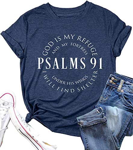 Psalms 91 Jesus Love T-Shirt Frauen Lustiger Brief Drucken Religiöses Christliches Hemd Kurzarm Casual Gesegnet Tees Tops, Blau, Klein