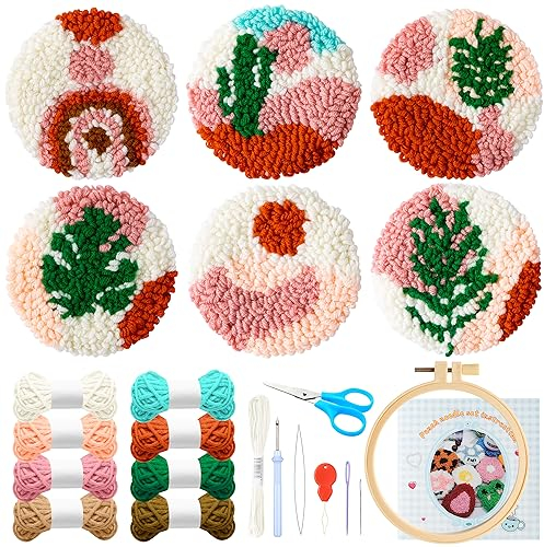 WATINC 22 Stück Craft Punch Needle Untersetzer Kit DIY Handwerk Stickerei Kit für Anfänger einfach Filz Garne Stickerei Coaster Kunst und Handwerk Needle Coaster mit Anleitung
