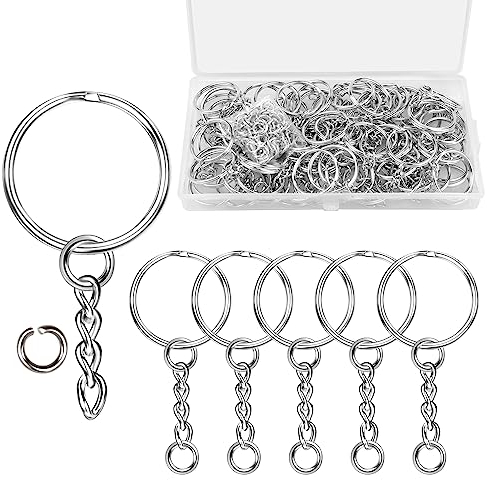 80 Stück Schlüsselringe mit Kette Spaltring 25mm Schlüsselring mit Kunststoffbox Metall Schlüsselanhänger Schlusselringen für Selber Machen Basteln