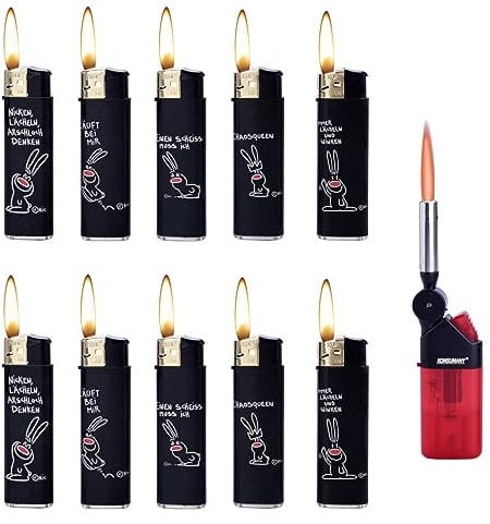 10 stück Feuerzeug Piezoflamme Elektronikfeuerzeug (schwarz) mit Motiv + 1x (Konsumany® Stab- Sturmfeuerzeug 12,5 cm Lang)