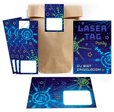 Minkocards 12 Einladungskarten zum Kindergeburtstag Lasertag Laser Tag Mädchen Jungen incl. 12 Umschläge, 12 Partytüten/natur, 12 Aufkleber Einladungsset