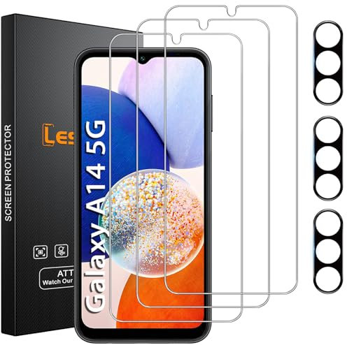 Lesakit 3 Pièces Film Protection écran en Verre Trempé pour Samsung Galaxy A14 5G + 3 Pièces Caméra Arrière Protecteur, 9H Dureté, Anti-Rayures, sans Bulles