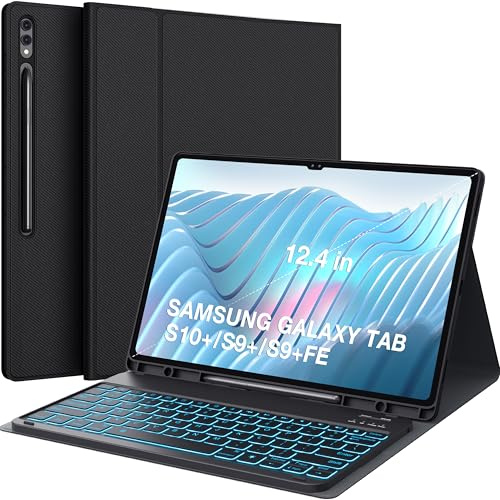 CHESONA Keyboard Case for Samsung Galaxy Tab S9+/S9+ FE+ 12.4 inch, 7-Color Backlit Wireless Keyboard with S Pen Holder, Magnetic Detachable, Black