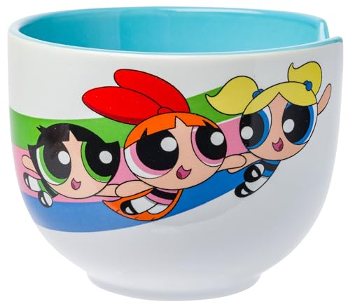 Silver Buffalo The Powerpuff Girls Rainbow Girl Power Featuring Blossom, Bubbles, and Buttercup Ceramic Ramen Noodle Rice Bowl with Chopsticks, Microwave Safe, 20 Ounces