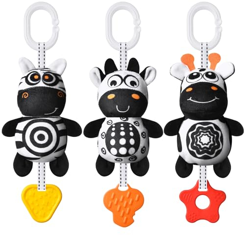 Aolso Kinderwagen Spielzeug, 3Pcs hängendes Rasselspielzeug, schwarz-weißes Spielzeug, Baby-Hängespielzeug, Neugeborenes Autositz-Spielzeug für Jungen und Mädchen (Zebra/Kuh/Hirsch)