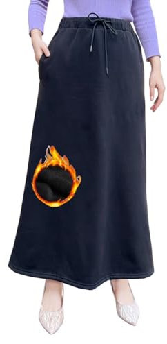 Gonna invernale da donna, lunga, in lana, vintage, elegante, calda, con tasche, per autunno e vita elasticizzata, linea ad A, maxi gonna da sci, Nero , L