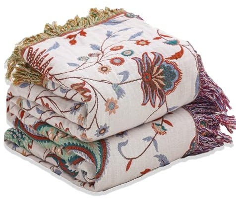 Wotcsil Plaid Coperta Boho Floreale in Cotone per Divano Letto Blanket Boho Coperta Reversibile Bohemien Copridivano Copriletto Poltrona Divano, Verde Beige con Nappe, 200x230cm
