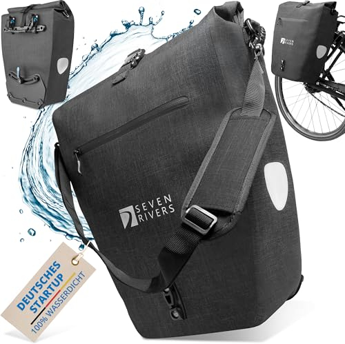 SEVENRIVERS® 2-in-1 Bicycle Bag with Extra Laptop Compartment 100% Waterproof - Pannier Rack Bag for Bicycle Including Shoulder Strap (max. 28L) - Anthracite