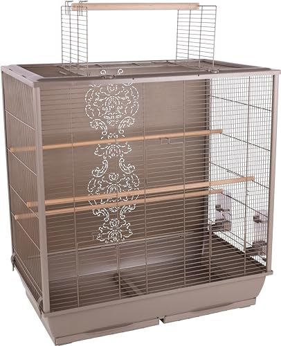 Flamingo Vogelkäfig – Voliere Vögel – Ibis Taupe – 78×48×81,5 cm – Metall pulverbeschichtet, 4 Sitzstangen, 2 Näpfe, 4 Klapptüren, Dachöffnung, Kunststoff-Schublade