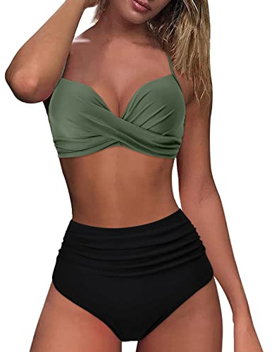 Bikini Damen Set Bikini Damen Bauchweg Zweiteiliger Badeanzug Sexy Damen V Ausschnitt überkreuztes Push Up Blumenmuster Bademode Push Up Bauchkontrolle 2pc Bikini-Sets Bademode