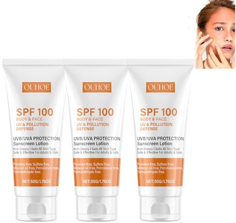Sonnencreme SPF 100, Sunscreen SPF 100, Sunscreen Lotion, Sonnenlotion mit UVA/UVB-Schutz, Feuchtigkeitsspendende, Anti-Aging Sonnencreme für Gesicht und Körper, Wasserfest, Nicht-fettend (3PC)