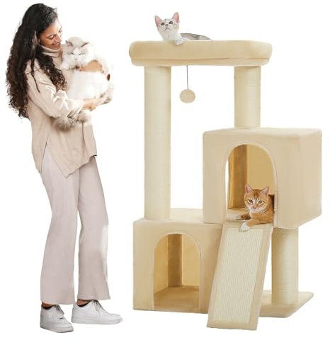PAWZ Road Großer Kratzbaum, 11 cm Dicke Stämme mit extrem großer Doppelhöhle, vollständig mit Fisal bedeckt, geeignet für große Katzen, 114 cm hoch, Beige