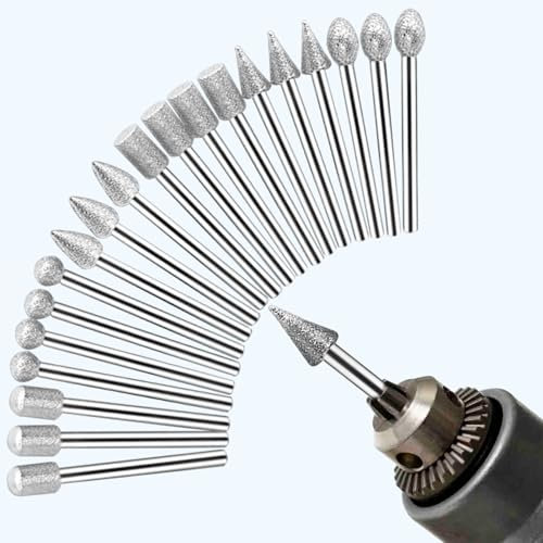 20Pcs Diamond Grinding Bit Set, 150 Grit Stone Carving Kit Diamond Burr Bits with 3mm Shank Drill Polishing Rotary Tools Supplies Accessories for Grinding Glass Jewelry Ceramics Stone Rocks Carving